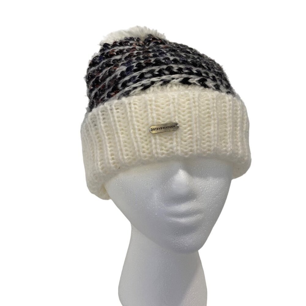 Steve Madden Womens Thick Knit Pom Pom Winter Beanie Hat Striped Design ecru O/S
